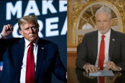 Jon Stewart mocks Donald Trump for his dance move.