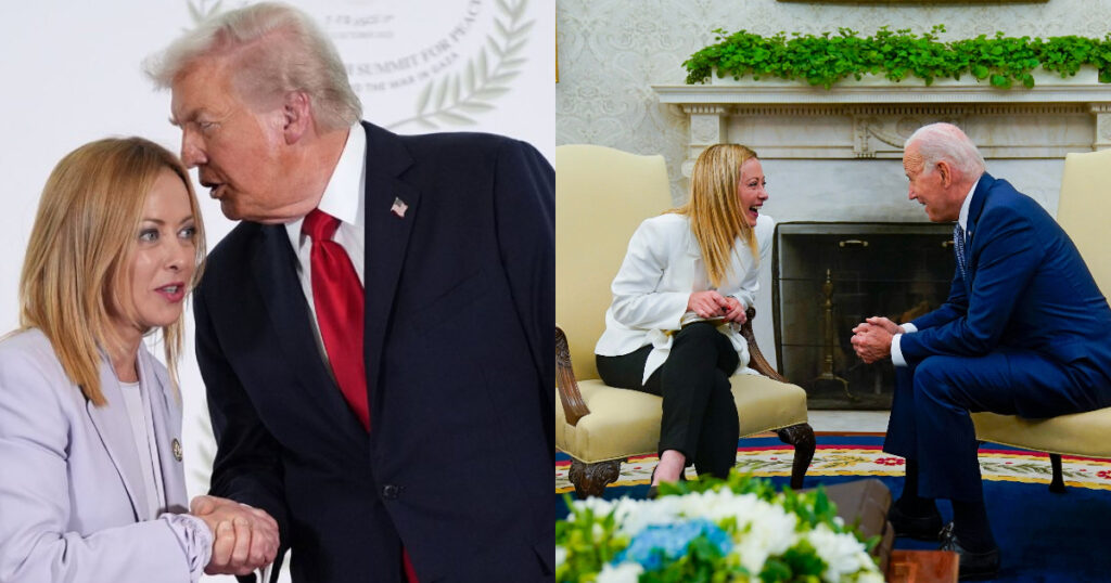 Giorgia Meloni with Donald Trump and Joe Biden
