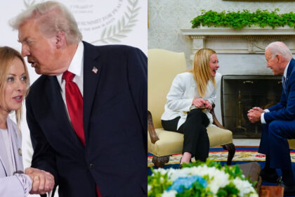 Giorgia Meloni with Donald Trump and Joe Biden