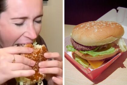 Pregnant woman tries her first McDonald’s Big Mac — and has a surprisingly honest reaction. (Left: @_sivannatalie / TikTok) and (Right: photo by Kici via Wikimedia Commons, 2007).