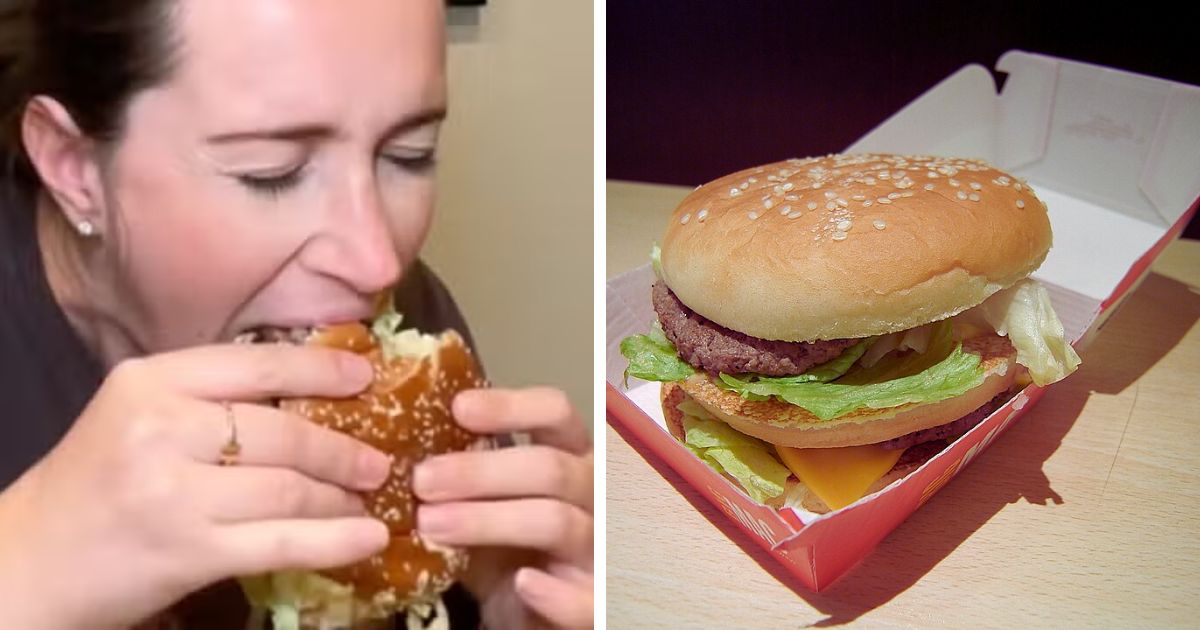 Pregnant woman tries her first McDonald’s Big Mac — and has a surprisingly honest reaction. (Left: @_sivannatalie / TikTok) and (Right: photo by Kici via Wikimedia Commons, 2007).