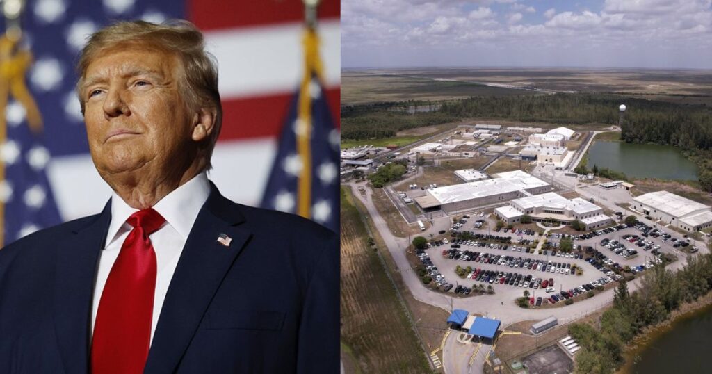 President Donald Trump and 'Alligator Alcatraz' in Florida (left- @EricLDaugh|X.com) and ( right- @CerfiaFR|X.com).