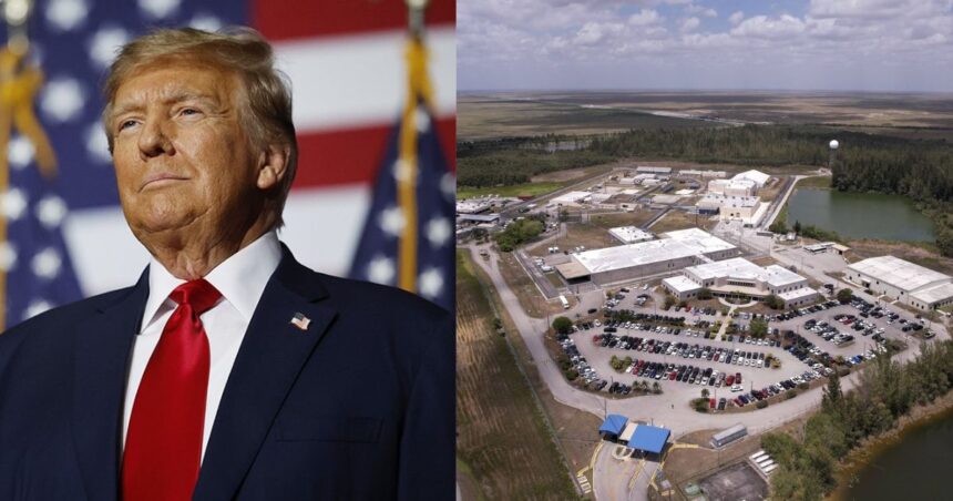 President Donald Trump and 'Alligator Alcatraz' in Florida (left- @EricLDaugh|X.com) and ( right- @CerfiaFR|X.com).