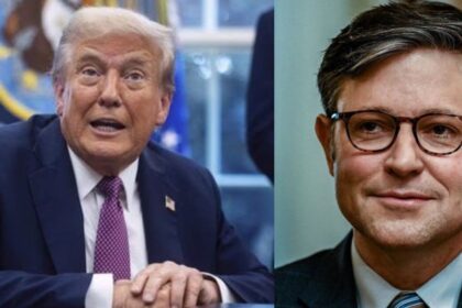 President Donald Trump and House Speaker Mike Johnson. (left- @RightPulseNewss|X.com) and (@LucasSa56947288|X.com).