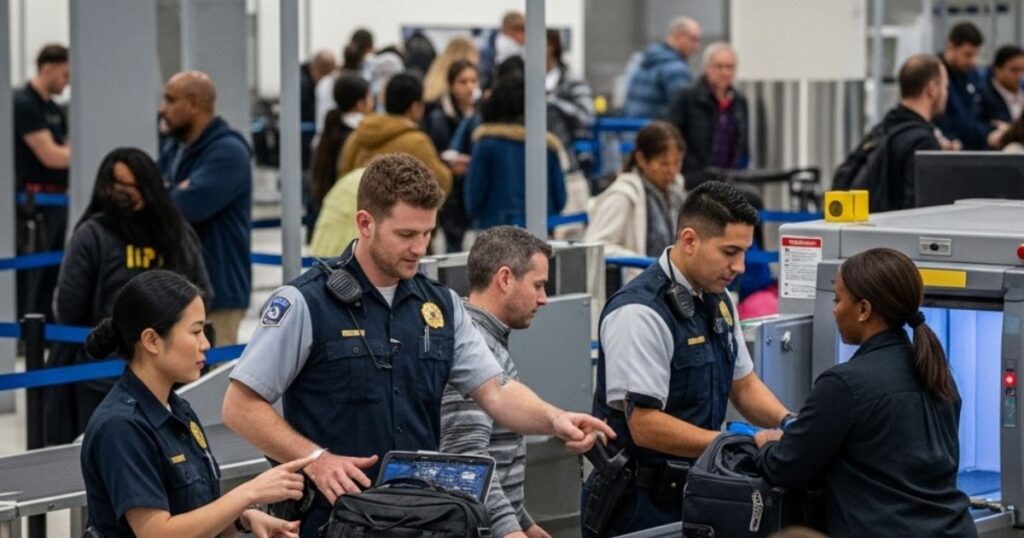 TSA officials tirelessly working without pay as the government shutdown affect their well being. (picture via easy-peasy.ai).