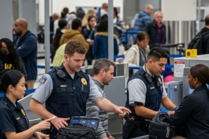 TSA officials tirelessly working without pay as the government shutdown affect their well being. (picture via easy-peasy.ai).