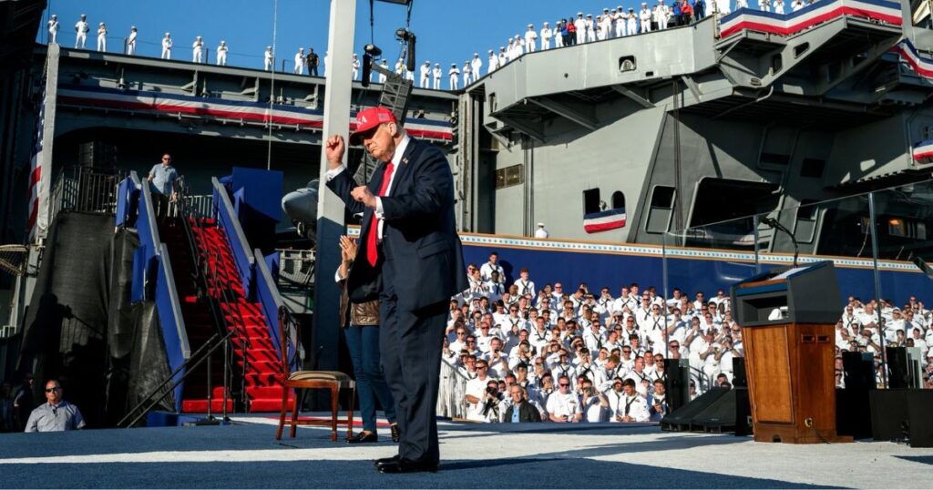 President Donald Trump at the navy parade on Sunday.