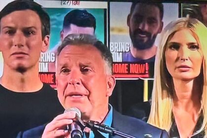 Donald Trump's U.S. Special Envoy Steve Witkoff, flanked by Ivanka Trump and Jared Kushner, speaks at Hostage Square in Tel Aviv as the crowd reacts sharply to his mention of Netanyahu