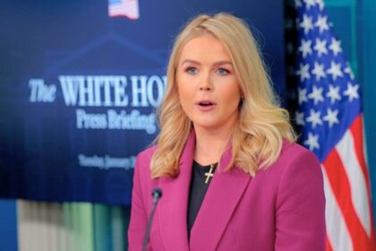 Karoline Leavitt speaking during a briefing at the White House