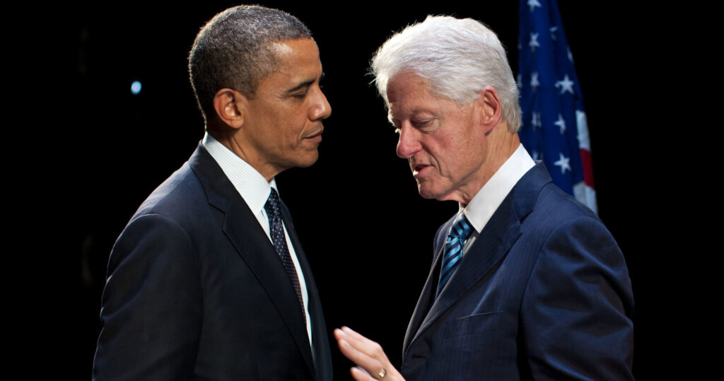 Former presidents Barack Obama and Bill Clinton talking