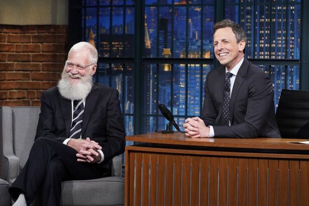 David Letterman and Seth Meyers laughing