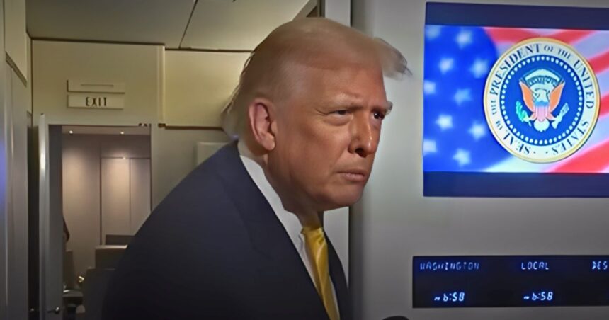 Donald Trump aboard Air Force One, where a brief exchange sparked a viral debate over whether he said “piggy” or “Peggy”