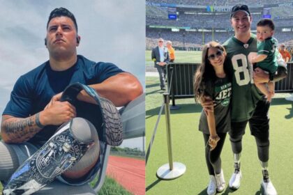 Double-amputee prosthetic-dependent Marine veteran Matias Ferreira and police officer with his kids. ( left- @TonySeruga|X.com) and (right - @usapatriotsathletics|Instagram).