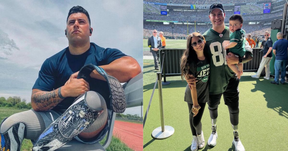 Double-amputee prosthetic-dependent Marine veteran Matias Ferreira and police officer with his kids. ( left- @TonySeruga|X.com) and (right - @usapatriotsathletics|Instagram).