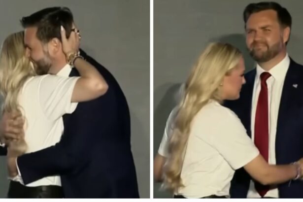 Erika Kirk hugging JD Vance closely during a Turning Point USA event in Oxford, Mississippi
