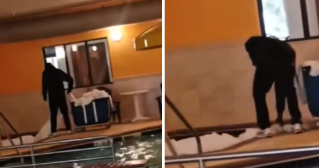 A hotel staff member was filmed washing the laundry like this