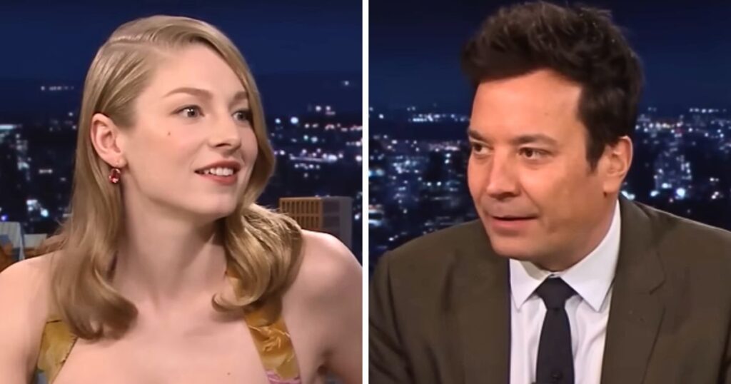 Hunter Schafer smiling during her 2023 Tonight Show interview with Jimmy Fallon
