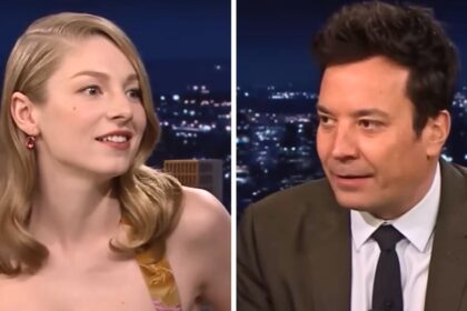 Hunter Schafer smiling during her 2023 Tonight Show interview with Jimmy Fallon