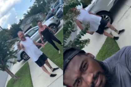 In frame 51-year-old Steven Edwin Wiley and 55-year-old Cheryl Ann Pyle — the couple caught on video hurling racial abuse at Antavis Tyrone Johnson. (@LASHYBILLS|X.com).