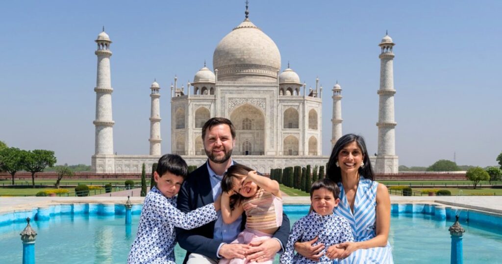 JD Vance and Usha Vance in front of the Taj Mahal during an official visit with their kids