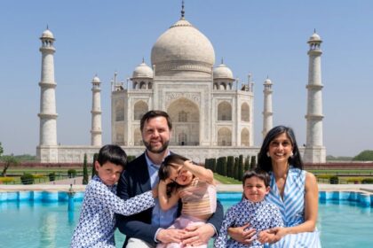 JD Vance and Usha Vance in front of the Taj Mahal during an official visit with their kids