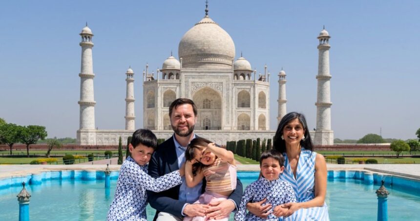 JD Vance and Usha Vance in front of the Taj Mahal during an official visit with their kids
