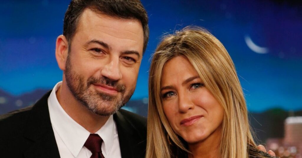 Jimmy Kimmel pictured with Jennifer Aniston. (Image source: JimmyKimmelLive via X)