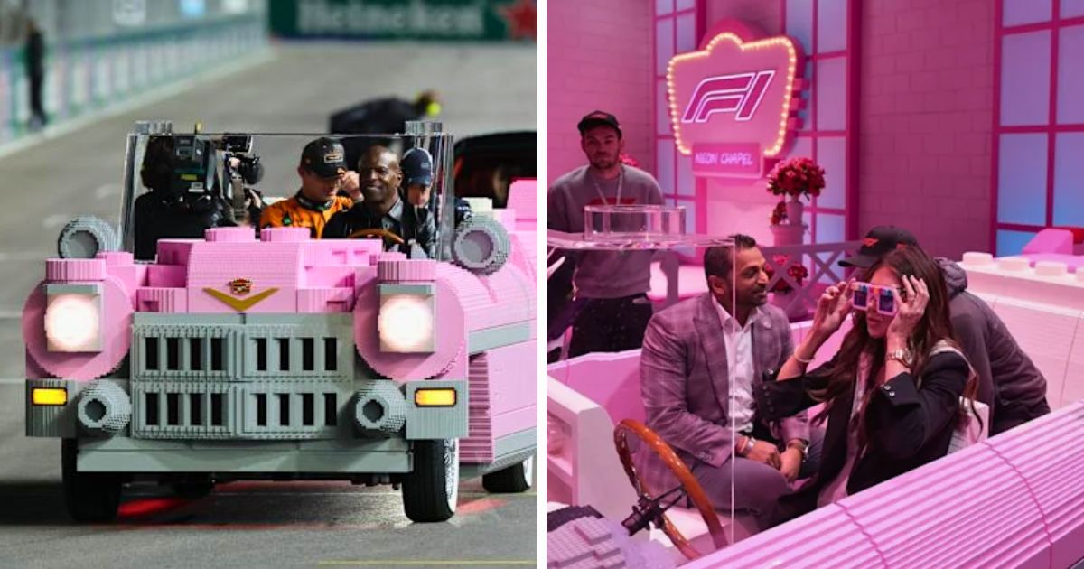 Kash Patel and Kristi Noem sit in a full-scale pink Lego Cadillac ahead of the Las Vegas Grand Prix