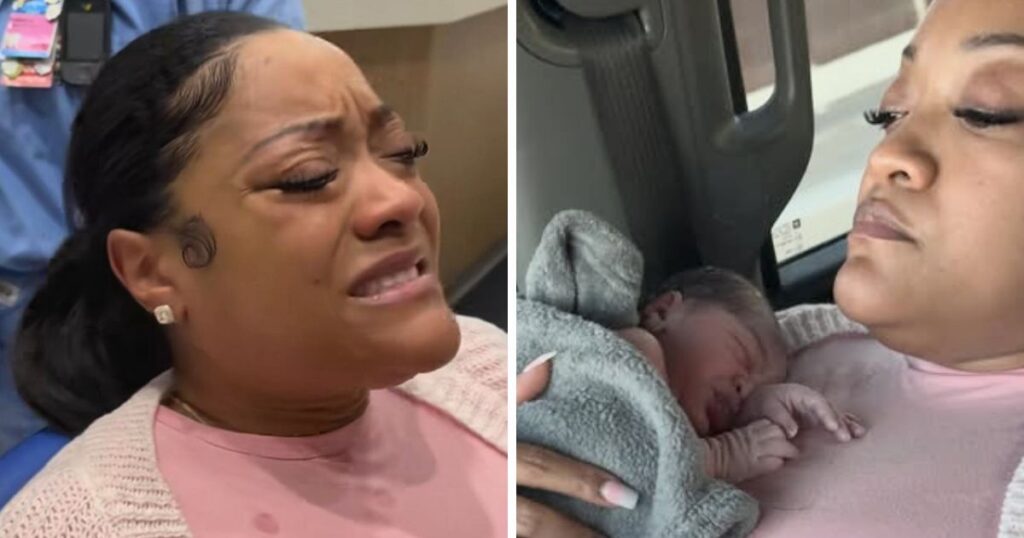 Mercedes Wells holds her newborn daughter (R) in the family’s truck moments after giving birth roadside, following her discharge from an Indiana hospital (L)