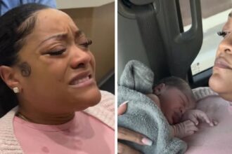 Mercedes Wells holds her newborn daughter (R) in the family’s truck moments after giving birth roadside, following her discharge from an Indiana hospital (L)