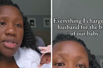 Mom Vanessa Taylor holding her newborn with overlay text “Everything I charged my husband for the birth of our baby”
