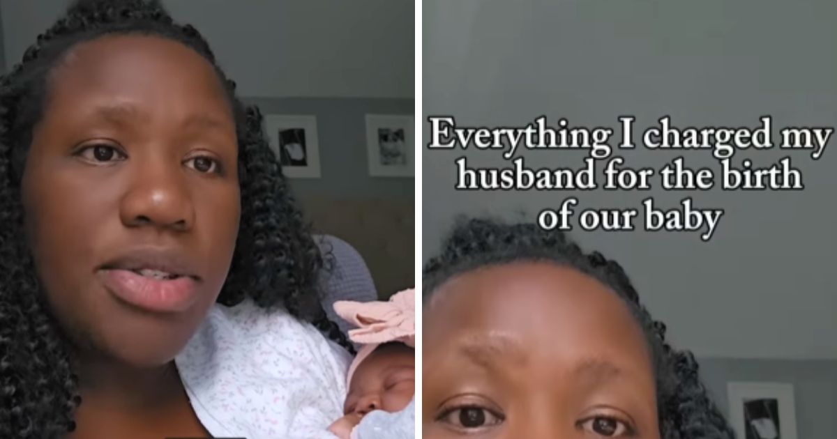 Mom Vanessa Taylor holding her newborn with overlay text “Everything I charged my husband for the birth of our baby”