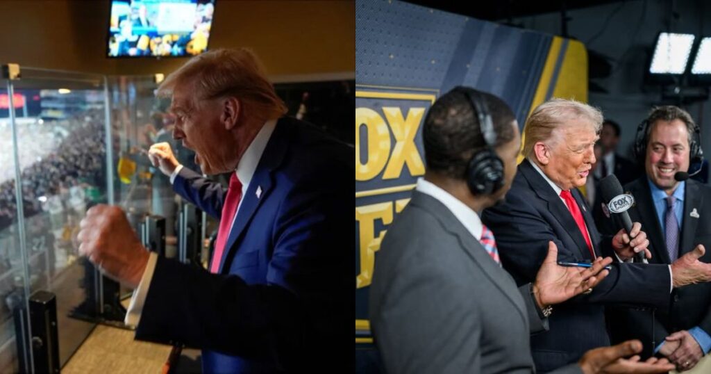 President Donald Trump at the Detroit Lions vs. Washington Commanders match in Northwest Stadium- Landover, Maryland. (both the images from- @Ezzybe_|X.com).