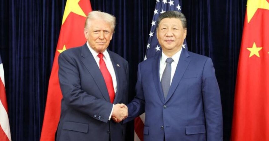 President Donald Trump shaking China President Xi Jinping's hand