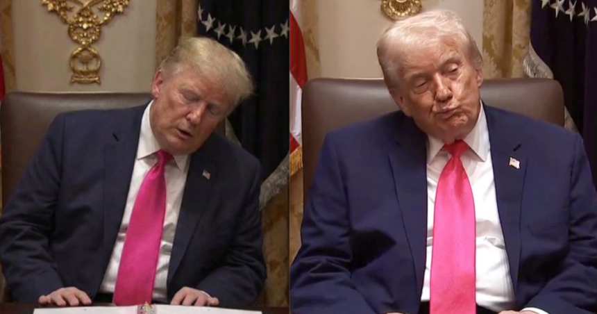 A full circle moment Donald Trump’s sleep jibe at Biden backfires amid awkward cabinet meeting snooze. (left- @ronnmail- via X.com) and ( right- @RonFilipkowski- via X.com).