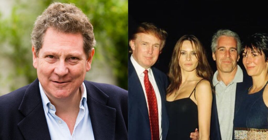 Author Andrew Lownie (By James Gifford-Mead- via Wikimedia Commons) and Trump with Melania ,Epstein and Ghislaine Maxwell (@25YearsAgoLive|X.com).
