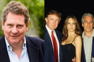 Author Andrew Lownie (By James Gifford-Mead- via Wikimedia Commons) and Trump with Melania ,Epstein and Ghislaine Maxwell (@25YearsAgoLive|X.com).