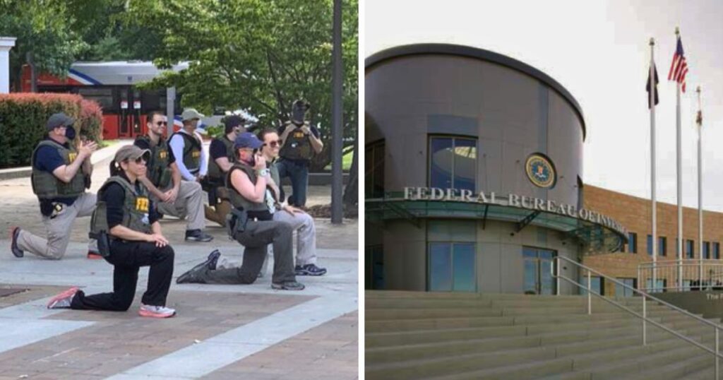 FBI agents kneeled during 2020 racial justice protests in Washington (L) and that became the flashpoint for a battle now shaking the Bureau (R)