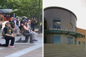 FBI agents kneeled during 2020 racial justice protests in Washington (L) and that became the flashpoint for a battle now shaking the Bureau (R)