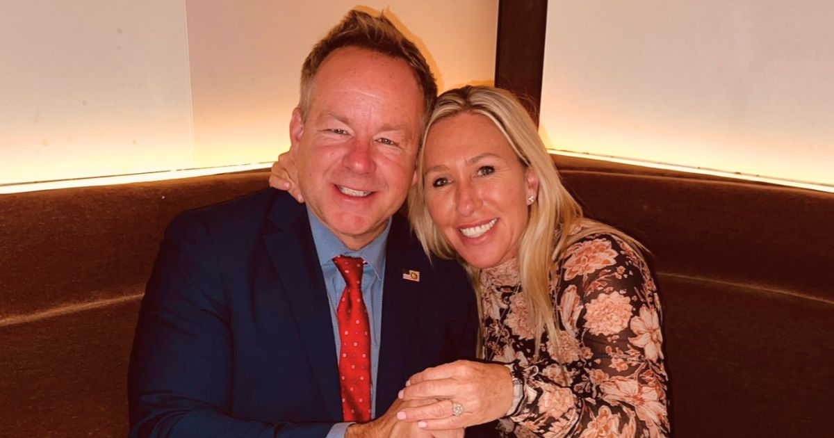 Marjorie Taylor Greene and Brian Glenn smiling together after announcing their engagement
