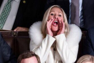 Marjorie Taylor Greene yelling during President Joe Biden's State of the Union Address.