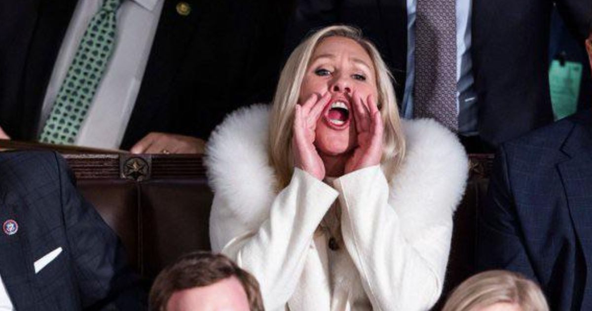 Marjorie Taylor Greene yelling during President Joe Biden's State of the Union Address.