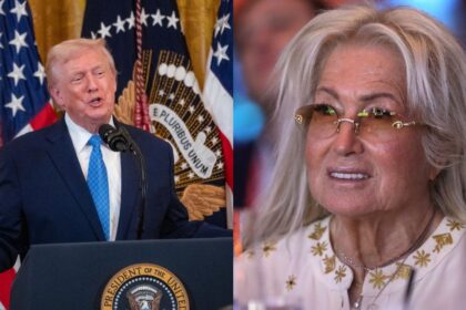President Donald Trump praises Republican megadonor Miriam Adelson at Hanukkah event for her support. (left- @PenguinSix|via X.com) and ( right- by Gage Skidmore- via Flickr).