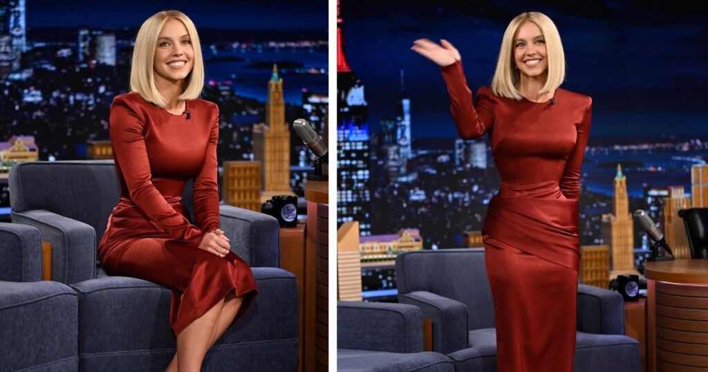 Syndey Sweeney on the sets of The Tonight Show.