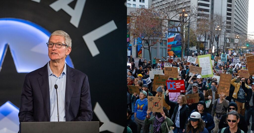 Apple CEO Tim Cook heartbroken after Minneapolis shootings, pens emotional memo. (left- by Austin Community College- via Flickr) and ( right- @sfchronicle|X.com).