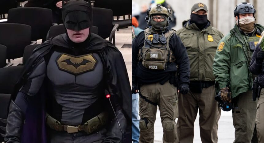 A man dressed as Batman and ICE agents