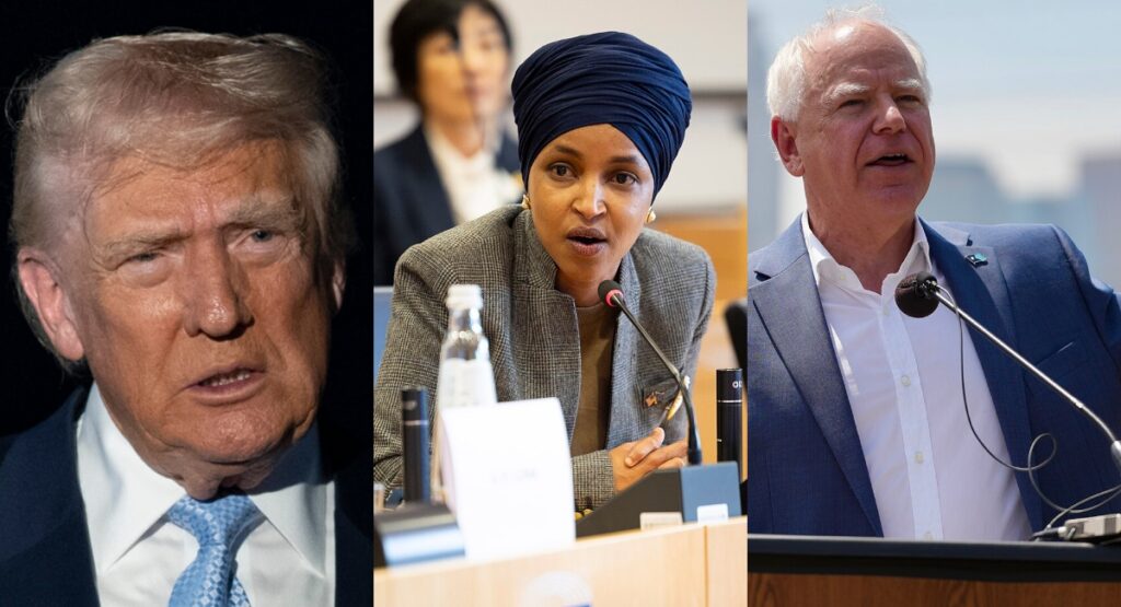 Donald Trump, Ilhan Omar, and Tim Walz