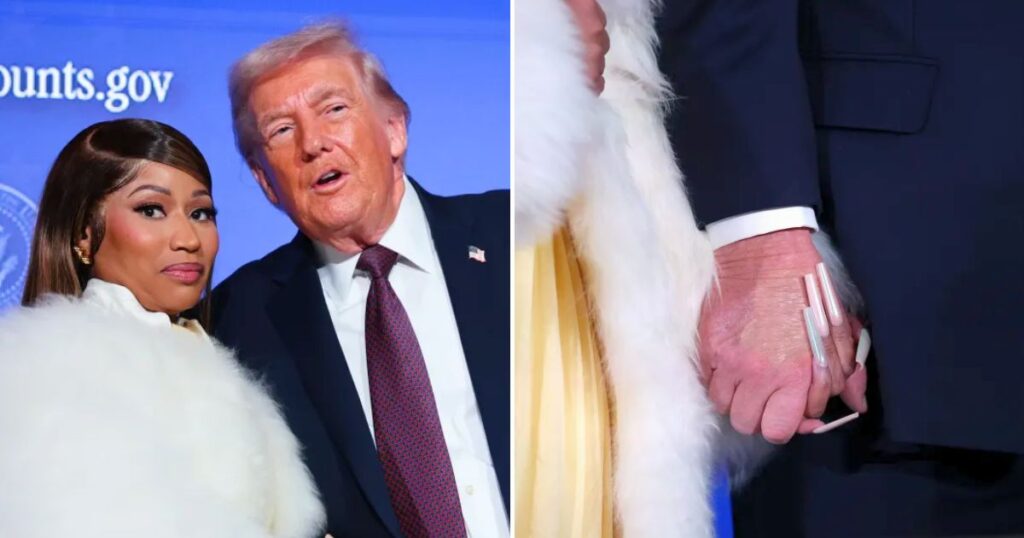 Donald Trump and Nicki Minaj holding hands onstage at the Trump Accounts Summit in Washington, D.C.