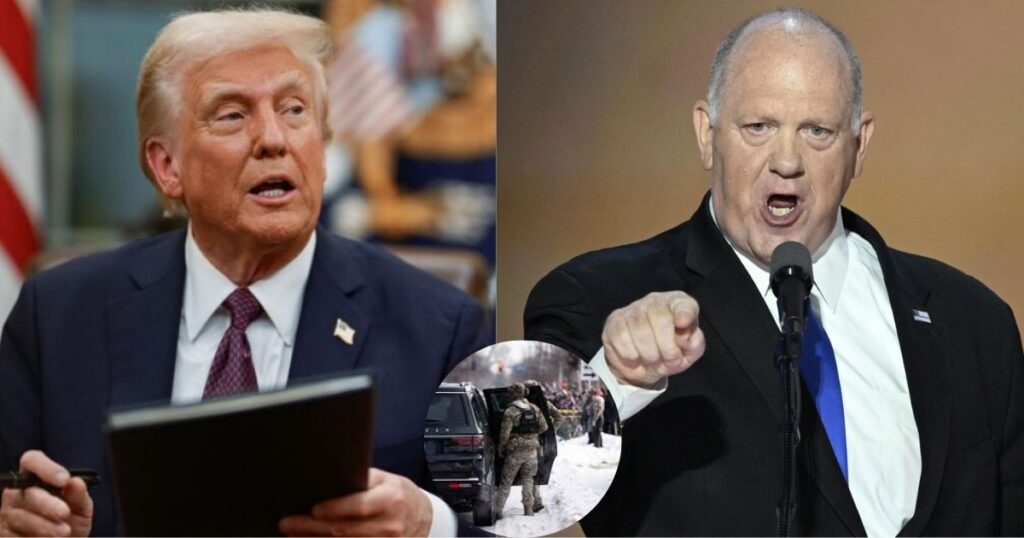 Trump denies ICE withdrawal from Minnesota despite Homan’s drawdown comments. (Left: @WhiteHouse on X.com; Right: @DameScorpio on X.com; inset: Chad Davis Photography via Wikimedia Commons.)