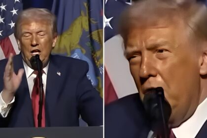 Donald Trump speaking during a Michigan visit as viewers focus on uneven makeup on his face